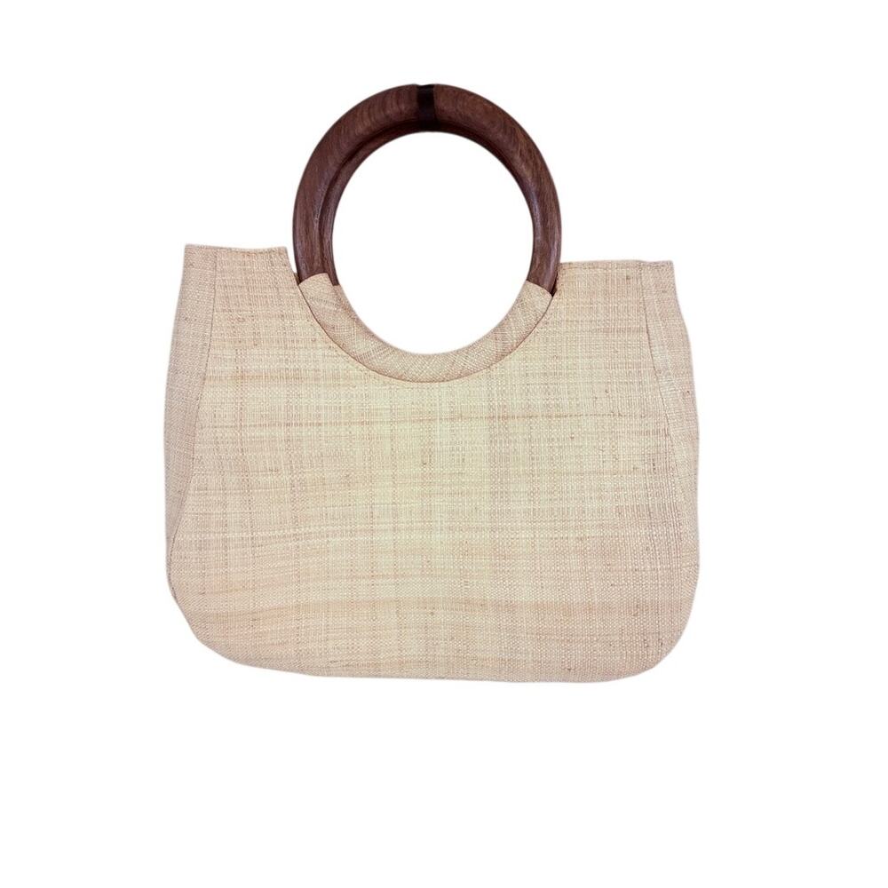 Mar Y Sol Madagascar Raffia Flower Tote Wood Handle Bag - Picture 5 of 9